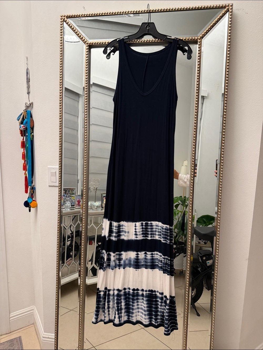 Sleeveless Navy Tie-Dye Hem Maxi Dress by